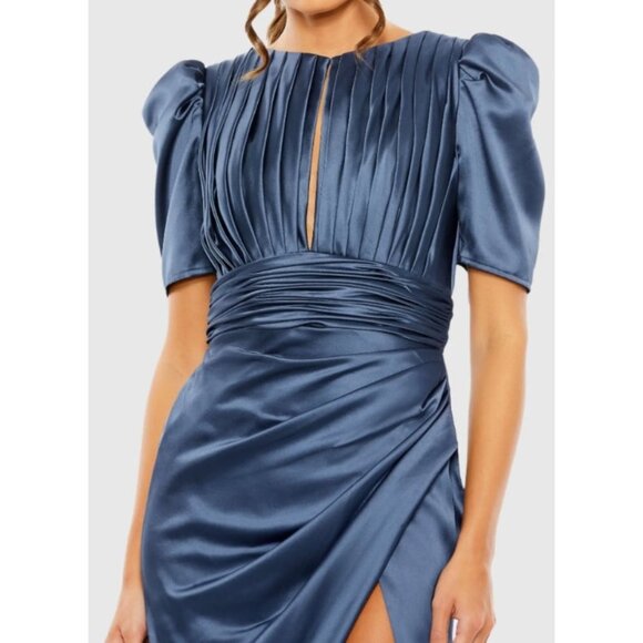 IEENA FOR MAC DUGGAL Blue Puff Sleeve Pleated Bodice Draped Gown Size 12 - Picture 2 of 12